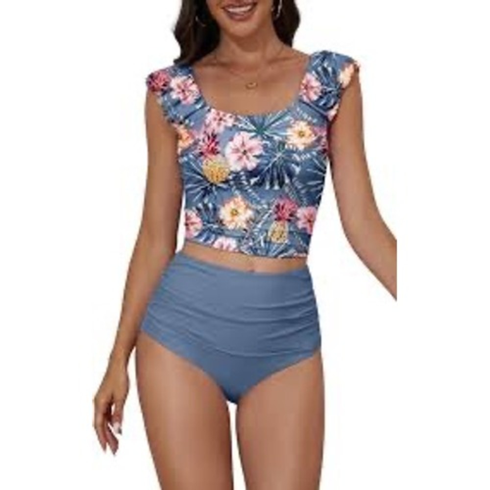 Eomenie Tropical Pineapple Floral Ruffle High Waist Two Piece Swimsuit Blue‎ XL